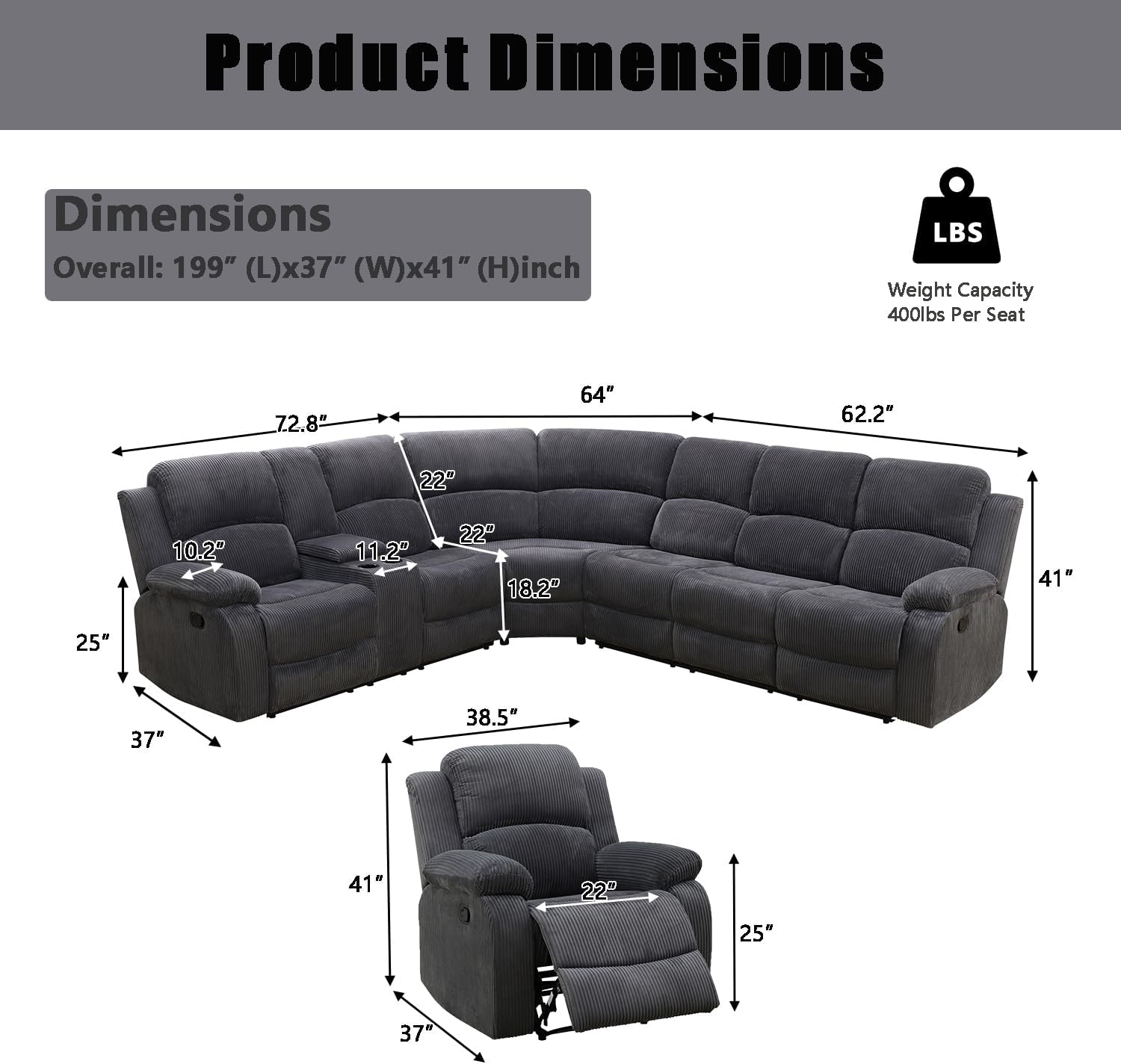 A Ainehome Furniture Sectional Couch Recliner Sofa Set with Storage, Corduroy Sofa Sets Manual Reclining Sectional Couches for Living Room with 3 Recliner Seats(Living Room Set, Dark Grey)