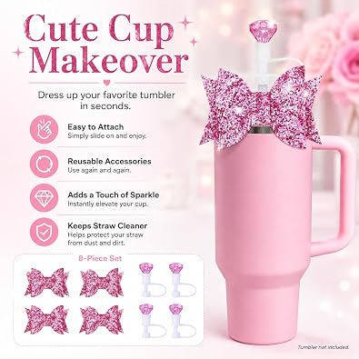 7Pcs Stanley Cup Accessories Set,Letter Charm for Stanley Cups,Including Diamond Straw,Bow straw,Sparkly Silicone Boot for Owala 30oz & 40oz