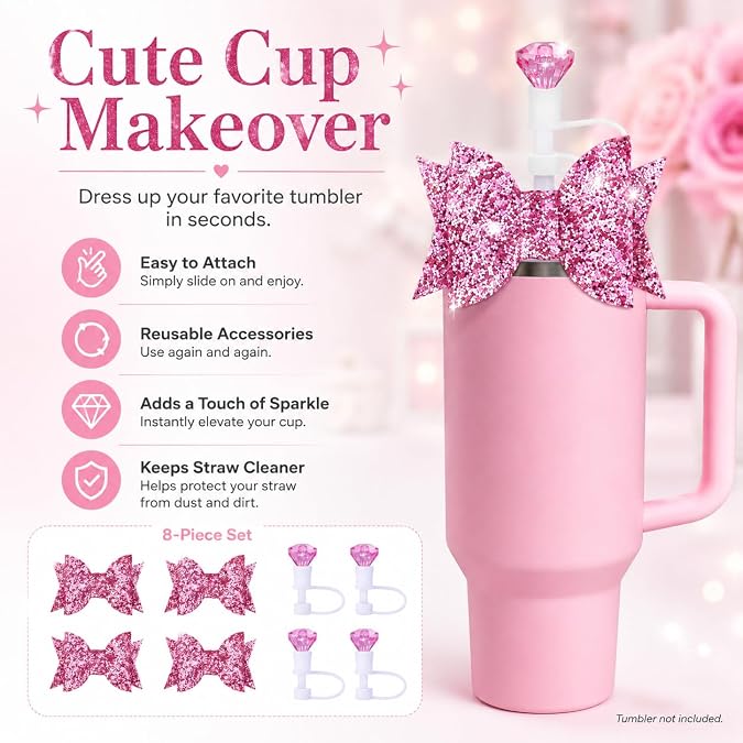 7Pcs Stanley Cup Accessories Set,Letter Charm for Stanley Cups,Including Diamond Straw,Bow straw,Sparkly Silicone Boot for Owala 30oz & 40oz