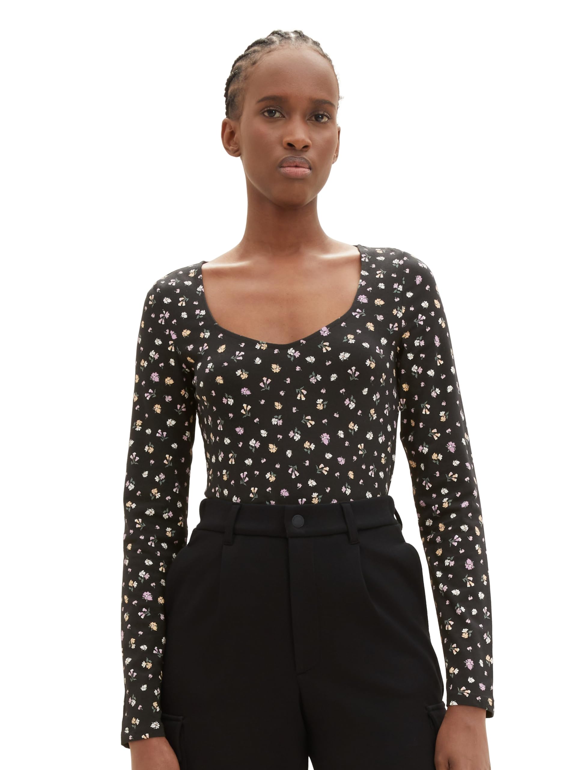 TOM TAILOR Denim Women's Long-Sleeved T-Shirt, 34014 - Black Small Flower Print, S
