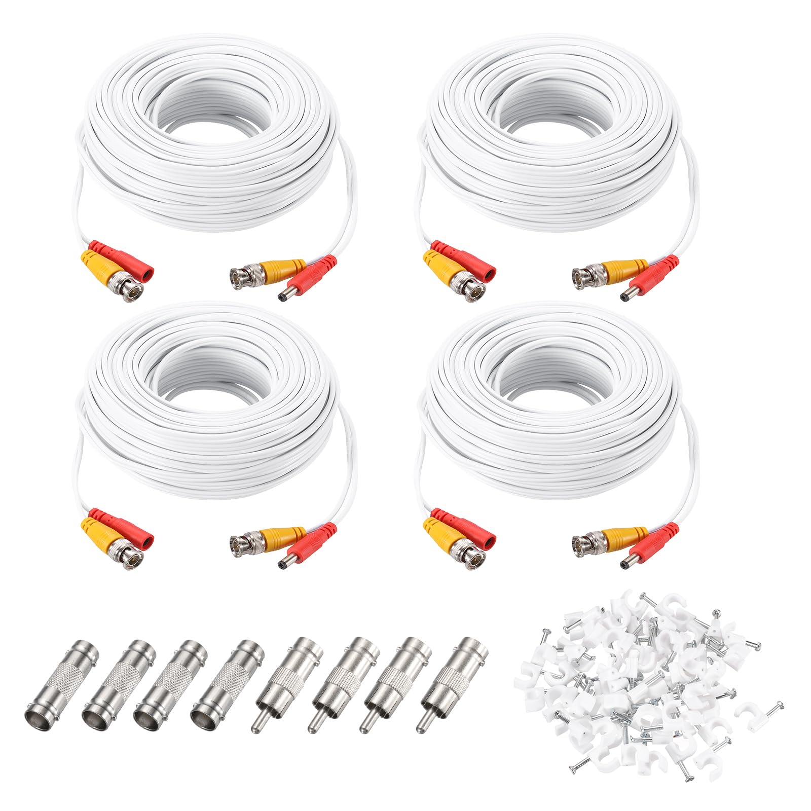 sourcing map BNC Video Power Cable,20m/66ft All-in-One Security Camera Wire Cord DC Extension Wire for CCTV Security DVR Camera System Installation Plug & Play Cord,4 Set White