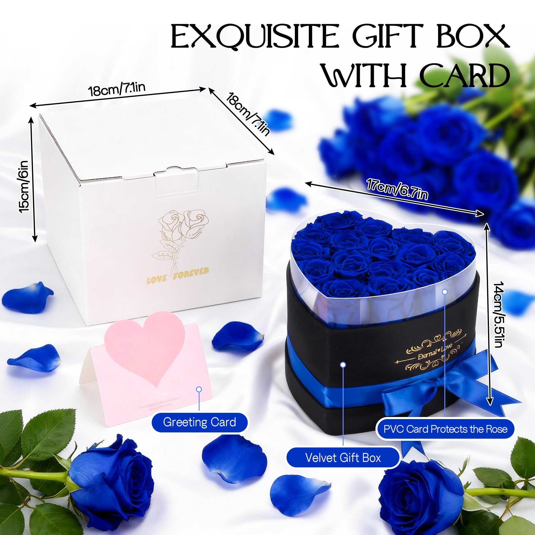 16 Rosas Eternas Azul Corazón Caja Regalo, Rosas Natural Preservada Día de San Valentín Aniversario Día de la Madre Cumpleaños Regalo romántico para Esposa Novia Mamá Abuela