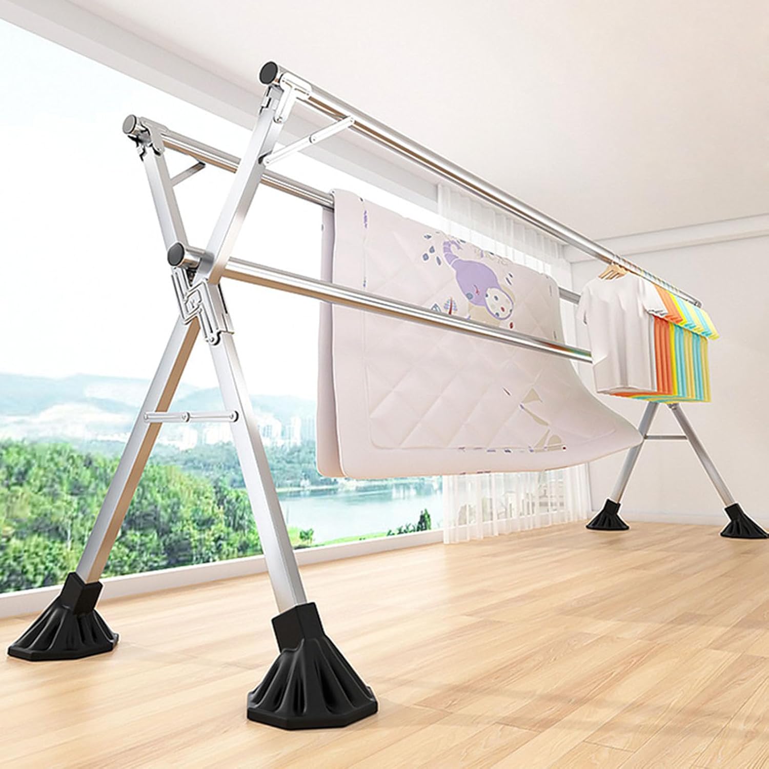 Heavy Duty Stainless Steel Foldable Clothes Drying Rack - Adjustable Length Indoor/Outdoor Laundry Rack - 2.4M/7.87FT with Stability Feet for Maximum Support
