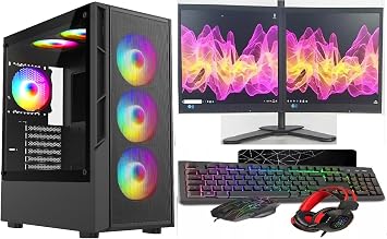 ASC Gaming PC Dual Bundle AMD Ryzen 5 5500, 16GB RAM, 1TB SSD NVME, GT730 4GB Graphics, Windows 11, 2x22" Monitor, Black RGB 6 Fan Mesh Gaming Case