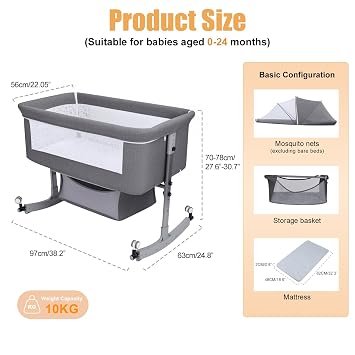 Bedside Bassinet Baby Crib,Baby Bassinet 3 in 1 Crib Baby Bed with Mosquito Net,Adjustable Portable Bed for Infant/Baby(Grey) (1 Set)