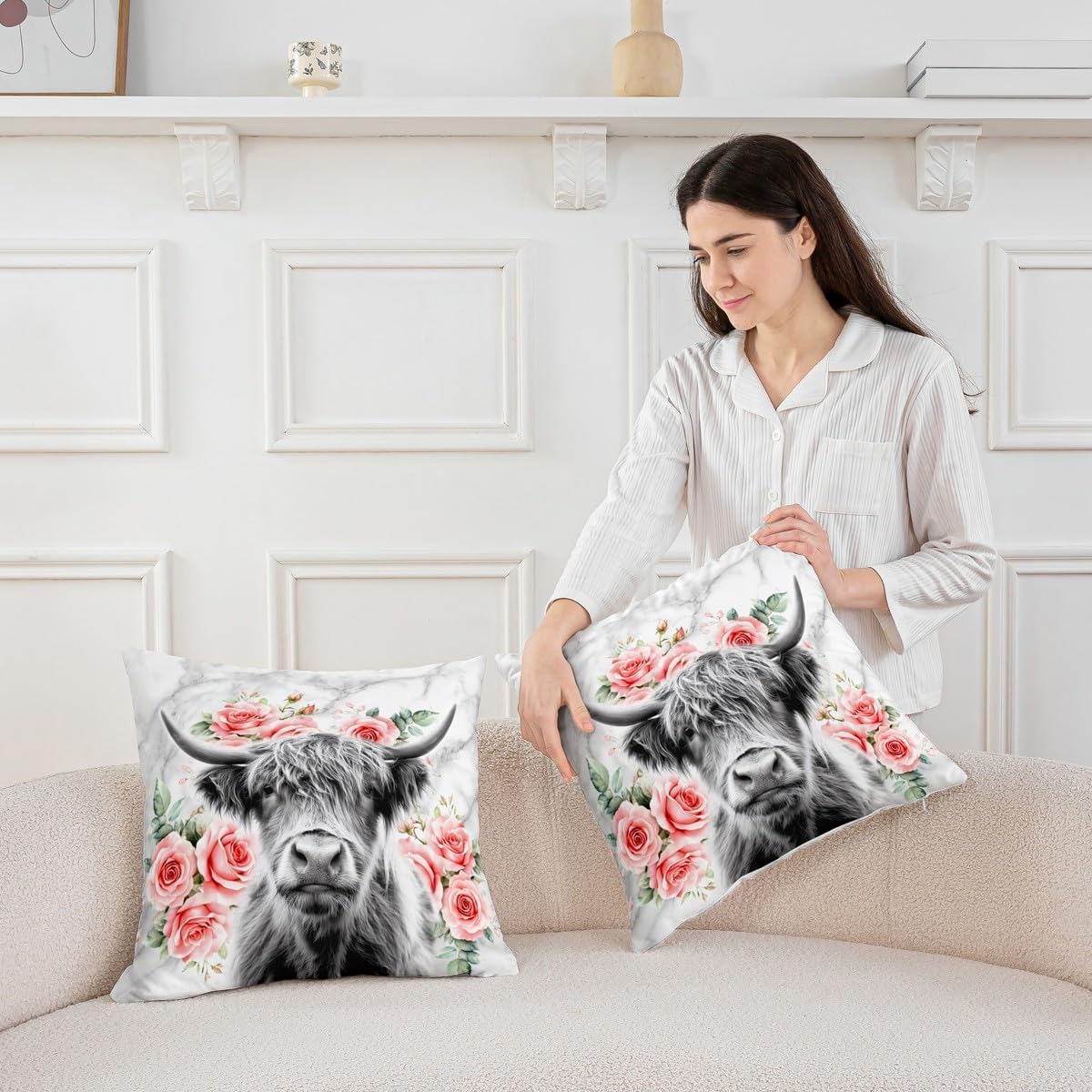 Highland Cow Flower Pillow Covers Bull Cattle Throw Pillow Covers For Bed Sofa Western Funny Animal Decorative Accent Pillow Cases Wildlife Farmhouse Cow Rose Marble Cushion Covers 16x16 Set of 2 image 3