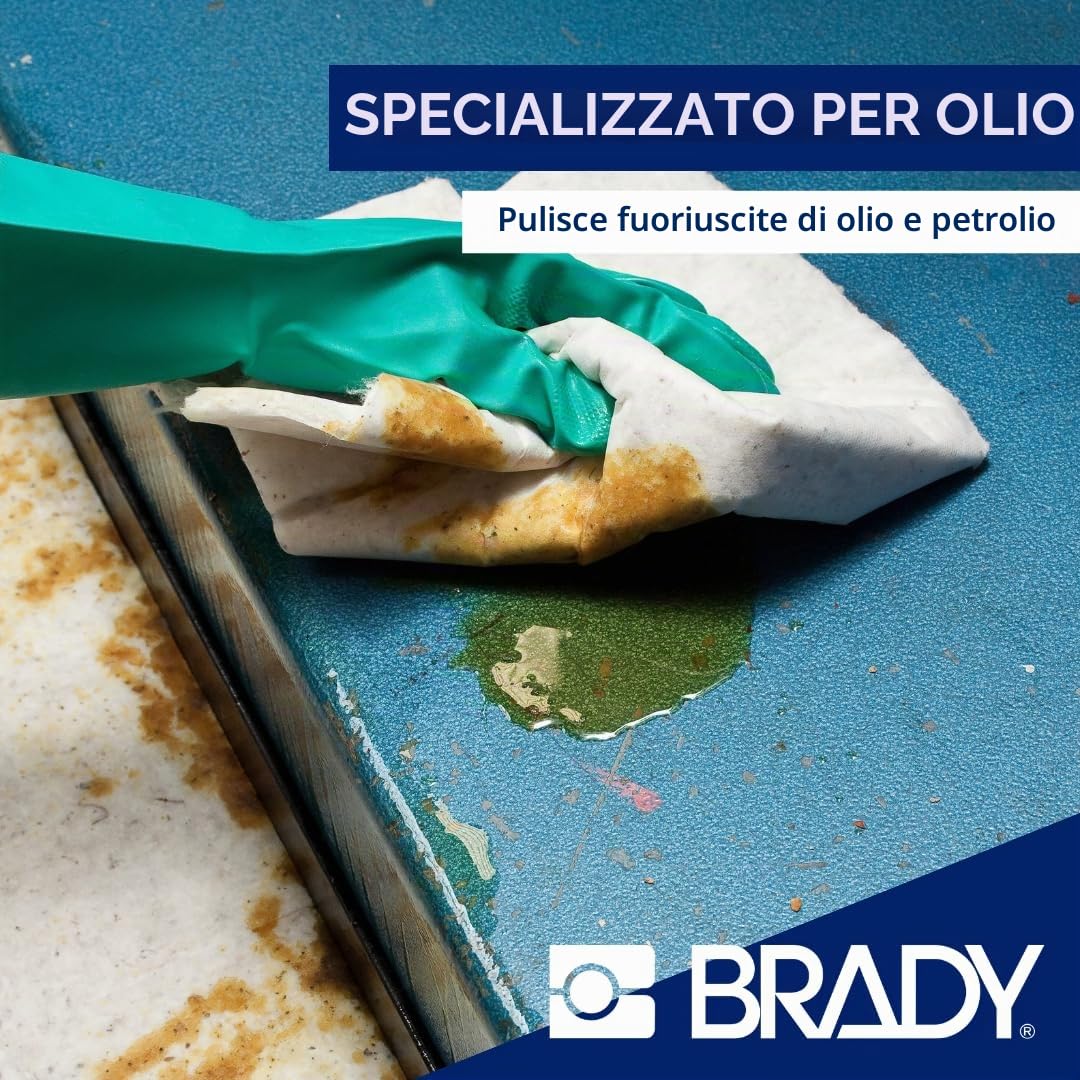 SPC® by Brady Kit Anti-Inquinamento per Oli – Kit Assorbente per Sversamenti di Oli e Liquidi a Base di Petrolio, Include 10 Panni Assorbenti per Olio, 2 Calze, Guanti e Sacco per Smaltimento