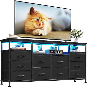 Dresser TV Stand with 10 Drawers, 63 Inch Long Black Dresser Entertainment Center with Open Shelves & Storage Media TV Console Table, Fabric Chest of Drawers for Bedroom, Closet, PU Leather