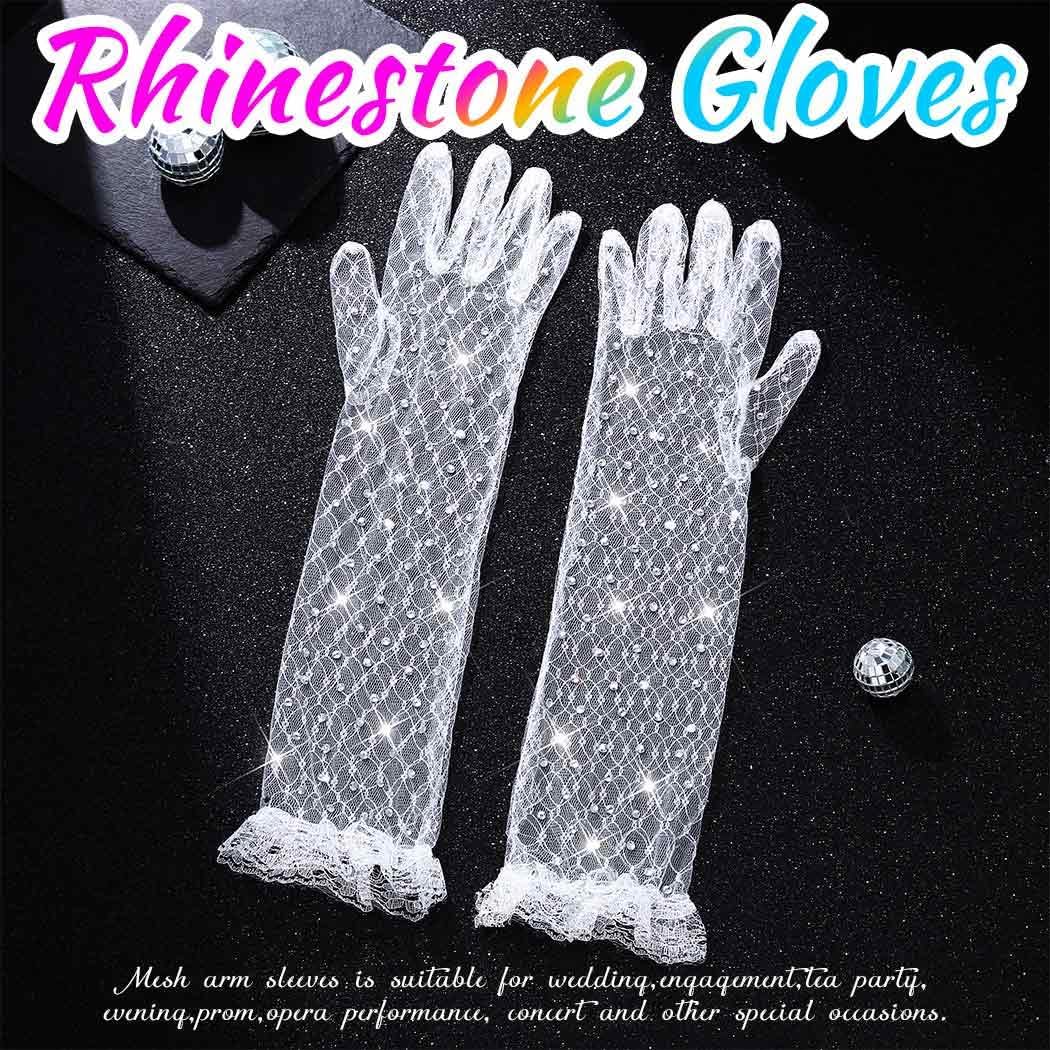 CASDRE Sparkly Rhinestone Long Gloves Mesh Lace Wedding Glove Prom Costume Arm Sleeves for Women