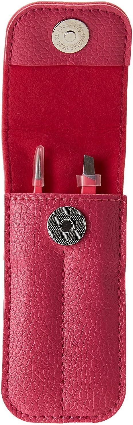 Precision Tweezers for Eyebrows - FEITA Professional Stainless Steel Slant & Pointed Eyebrow Tweezer Set with Travel Case for Woman Facial Hair Removal Clip (Pink - 2 Pcs)