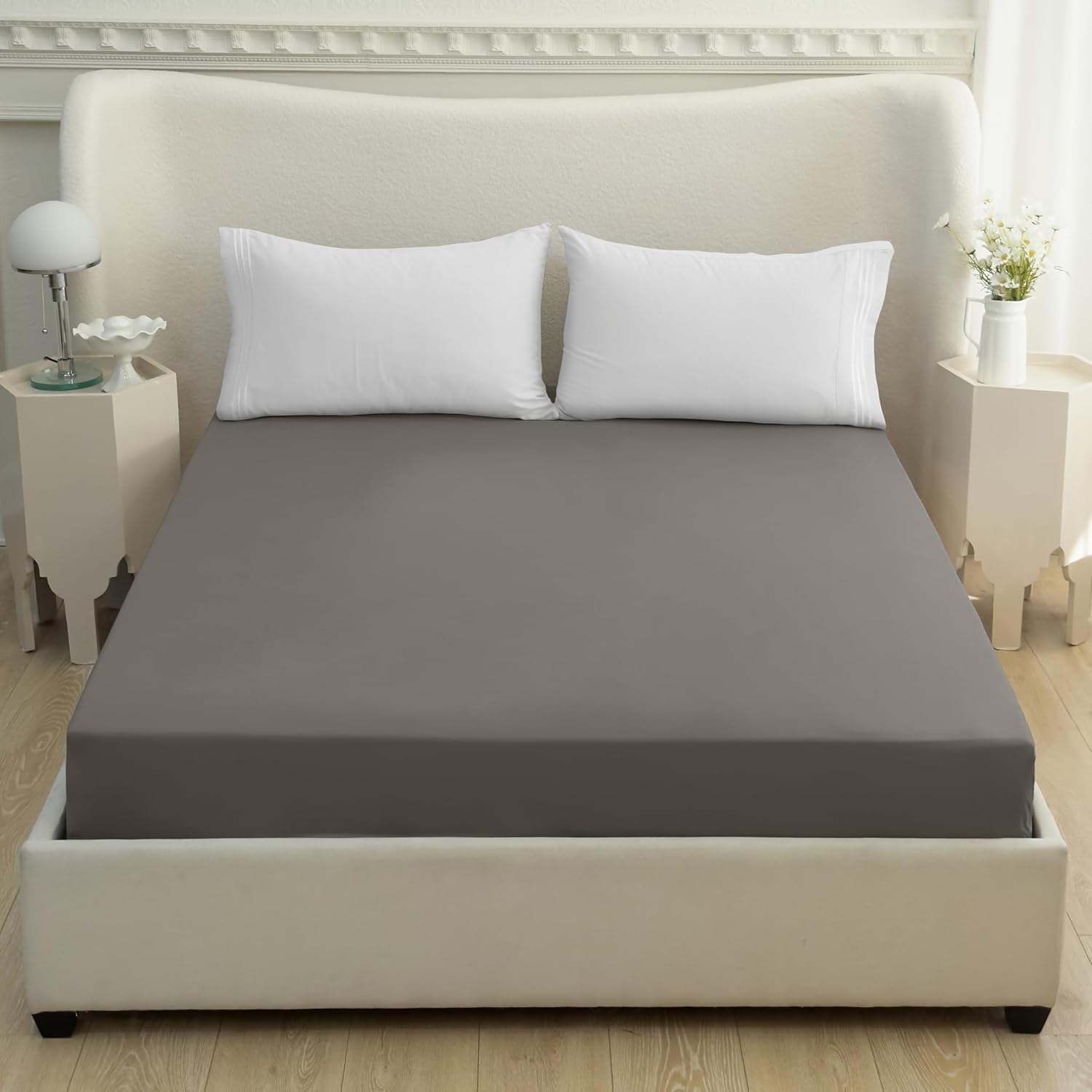 Mocassi 1800 Ultra Soft Bulk Pack of 2 Bottom Fitted Sheets, Premium Hotel Quality Microfiber - Wrinkle and Fade Resistant 2 Pack Fitted Sheets- 16 Inch Deep Pocket, Queen, Gray