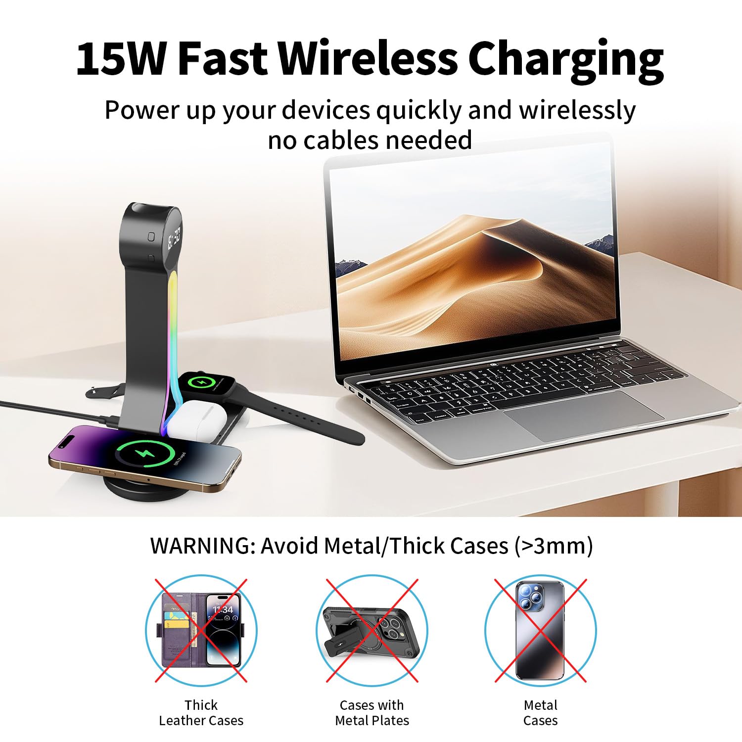 Trasforma la tua scrivania - Stazione di ricarica wireless 4 in 1 con supporto per cuffie, doppia porta USB, caricabatterie rapido da 15 W per telefono/A-irPods/A-pple Watch, luce RGB, sveglia a LED