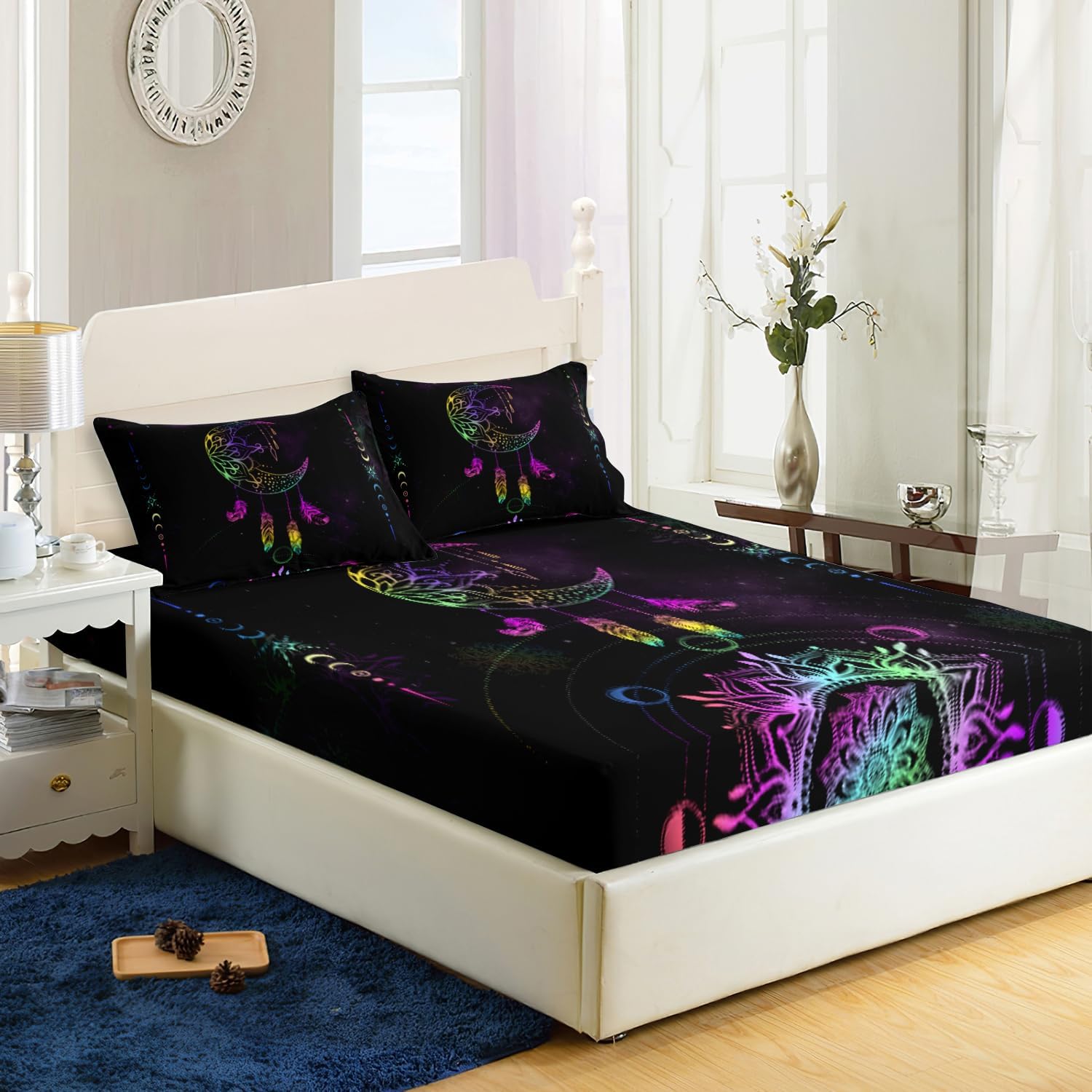 AILONEN Star Moon Fitted Sheet Set Twin Size, Black Galaxy, Celestial Bed Sheet Set,Bohemian Mandala Sheets Set,Neon Feather Starry Bedsheet Sets 3 Pieces, 1 Fitted Sheet and 2 Pillowcases