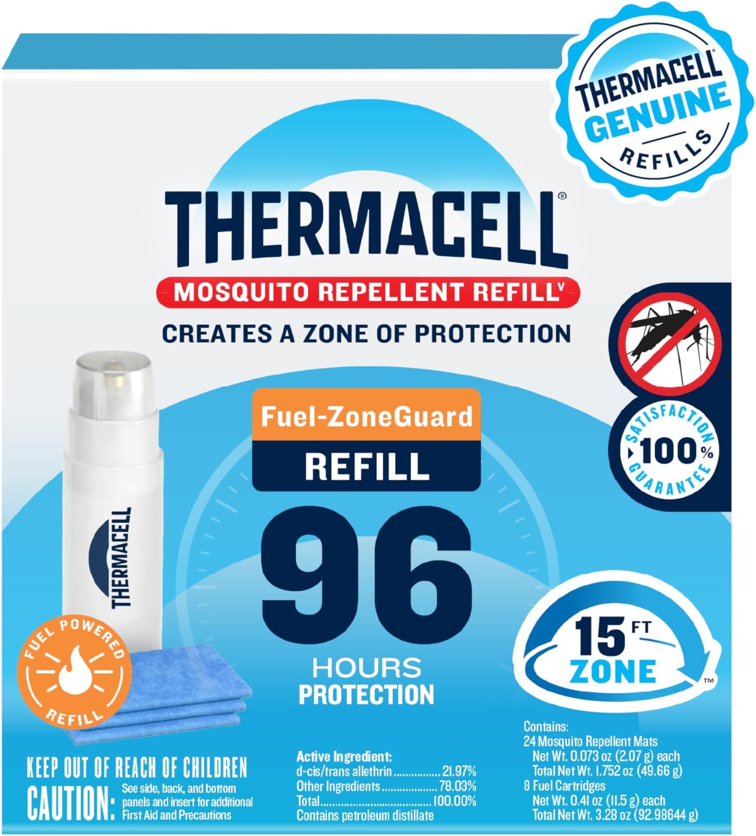 Mosquito & Multi-Insect Repellent 96-Hour Refill; Includes 8 Fuel Cartridges & 24 Repellent Mats; Compatible W/Fuel-Powered Thermacell Repellers; Repels Mosquitoes, Noseeums & Black Flies