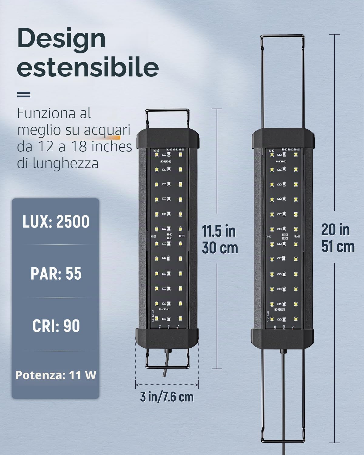 Pawfly Luce da acquario per vasche da 30 a 45 cm, 11 W lampada per acquario, spettro completo, lampada LED estensibile con timer, modalità giorno/notte e luminosità regolabile per acqua dolce
