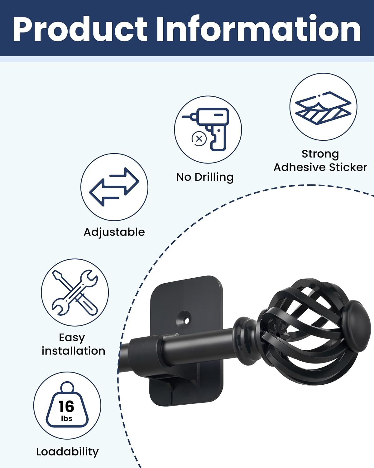 Curtain Rods No Drilling for Windows 28 to 48 Inch, 5/8 Inch Diameter Renter Friendly Black Curtain Rod with 3M Adhesive Brackets for Bedroom/Apartment/Bathroom