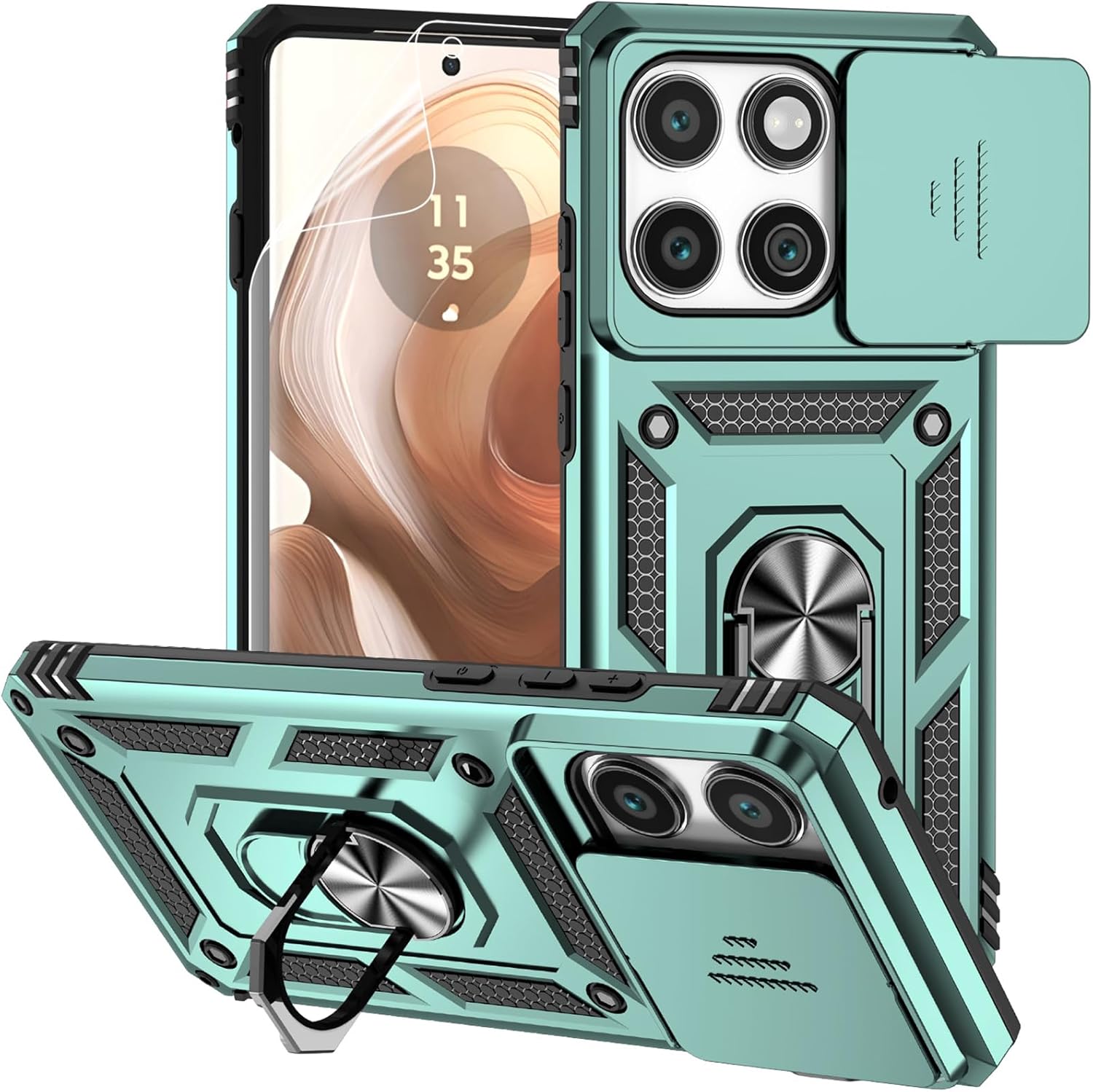 for Motorola Edge 2025 Case, with Camera Lens Cover Screen Protector,Dual Layer Military-Grade Drop Tested Magnetic Ring Holder Kickstand Protective Phone Case for Motorola Moto Edge 2025 (Dark Green)