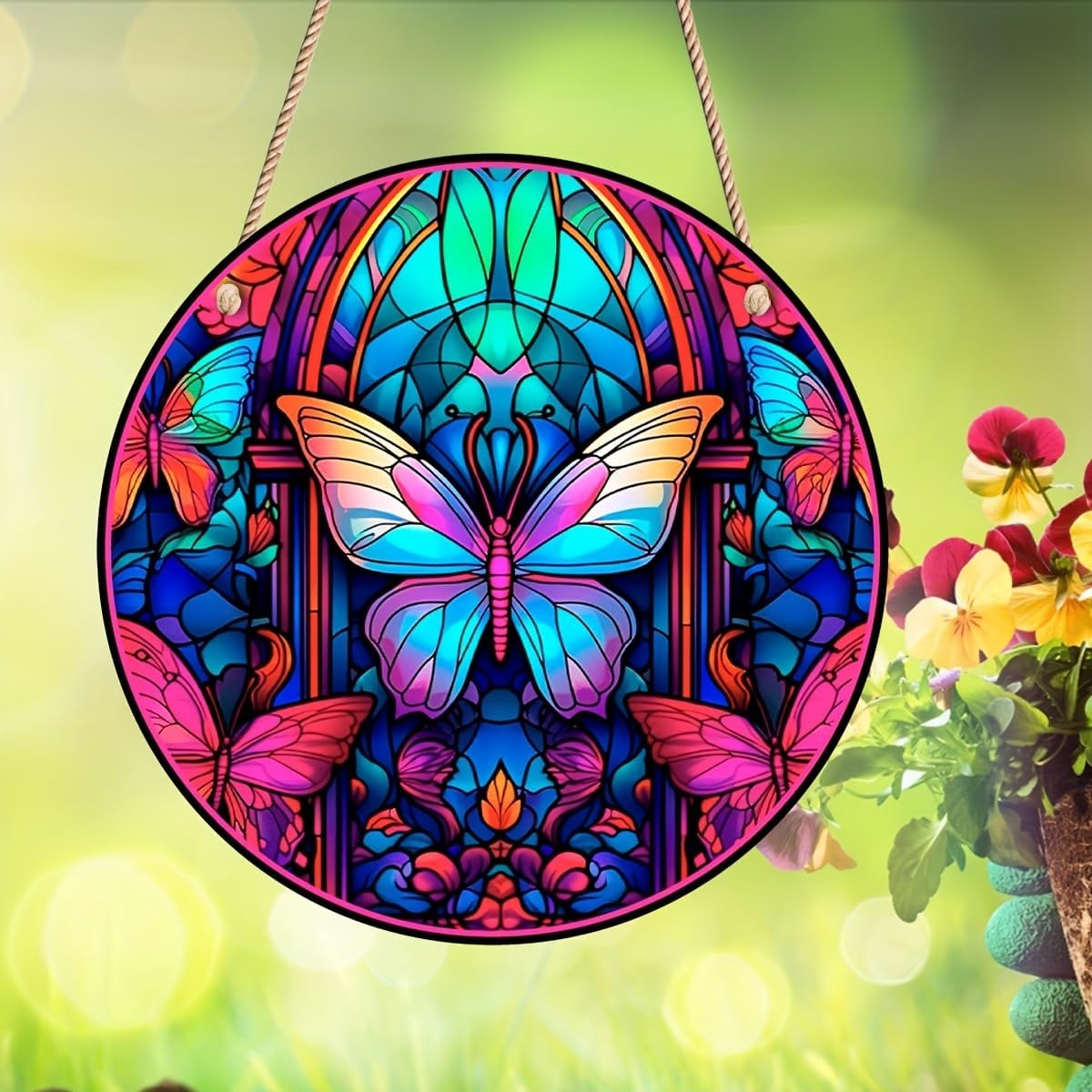 Butterfly Valley Stained Windows Hanging Suncatcher,Flower Butterfly