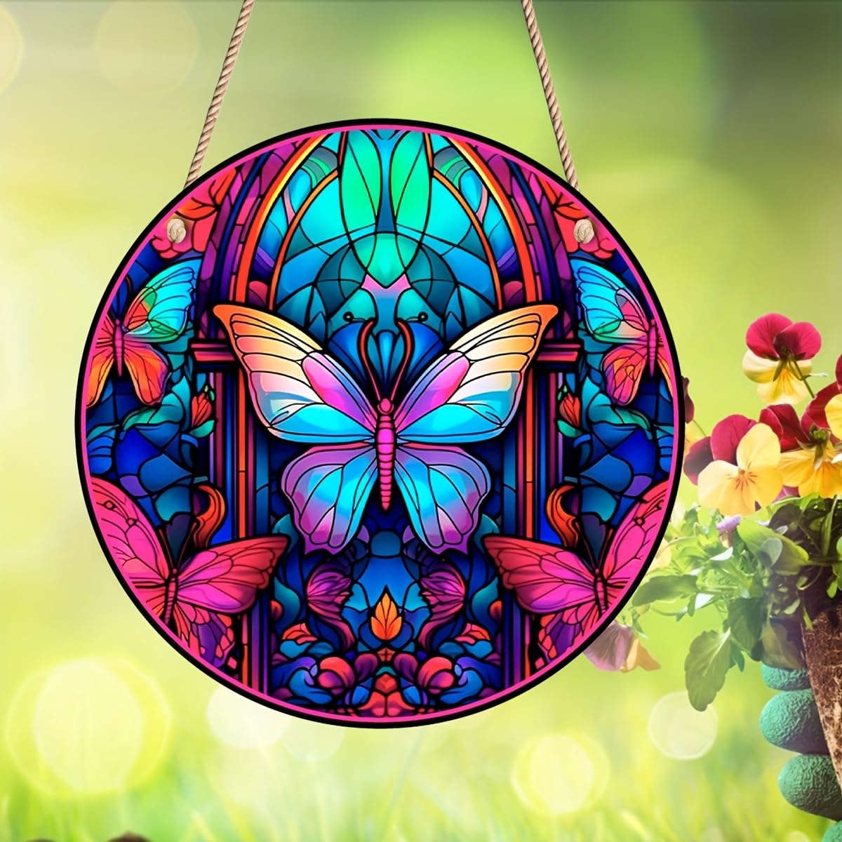 Butterfly Valley Stained Windows Hanging Suncatcher,Flower Butterfly Stained Glass Suncatchers Window Ornament Glass Panel Sun Catcher Wall Hanging Decor Birthday Gift