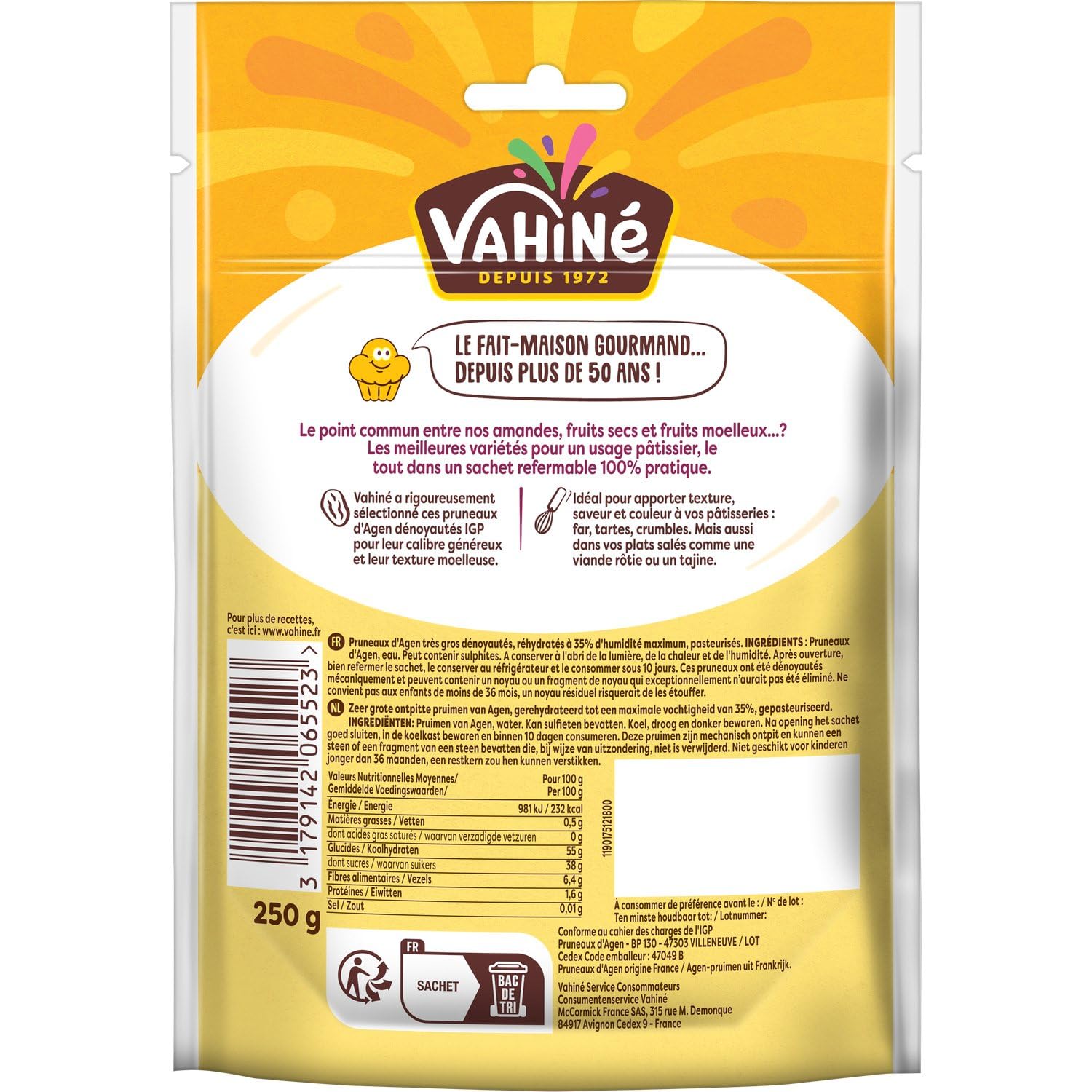 VAHINE - Pruneaux d'Agen Dénoyautés - Produit en France · Calibre Très Gros · Idéal Pâtisserie · Sachet Zip Refermable · Texture Moelleuse Rigoureusement Sélectionnés - le paquet de 250g - Le Lot De 3