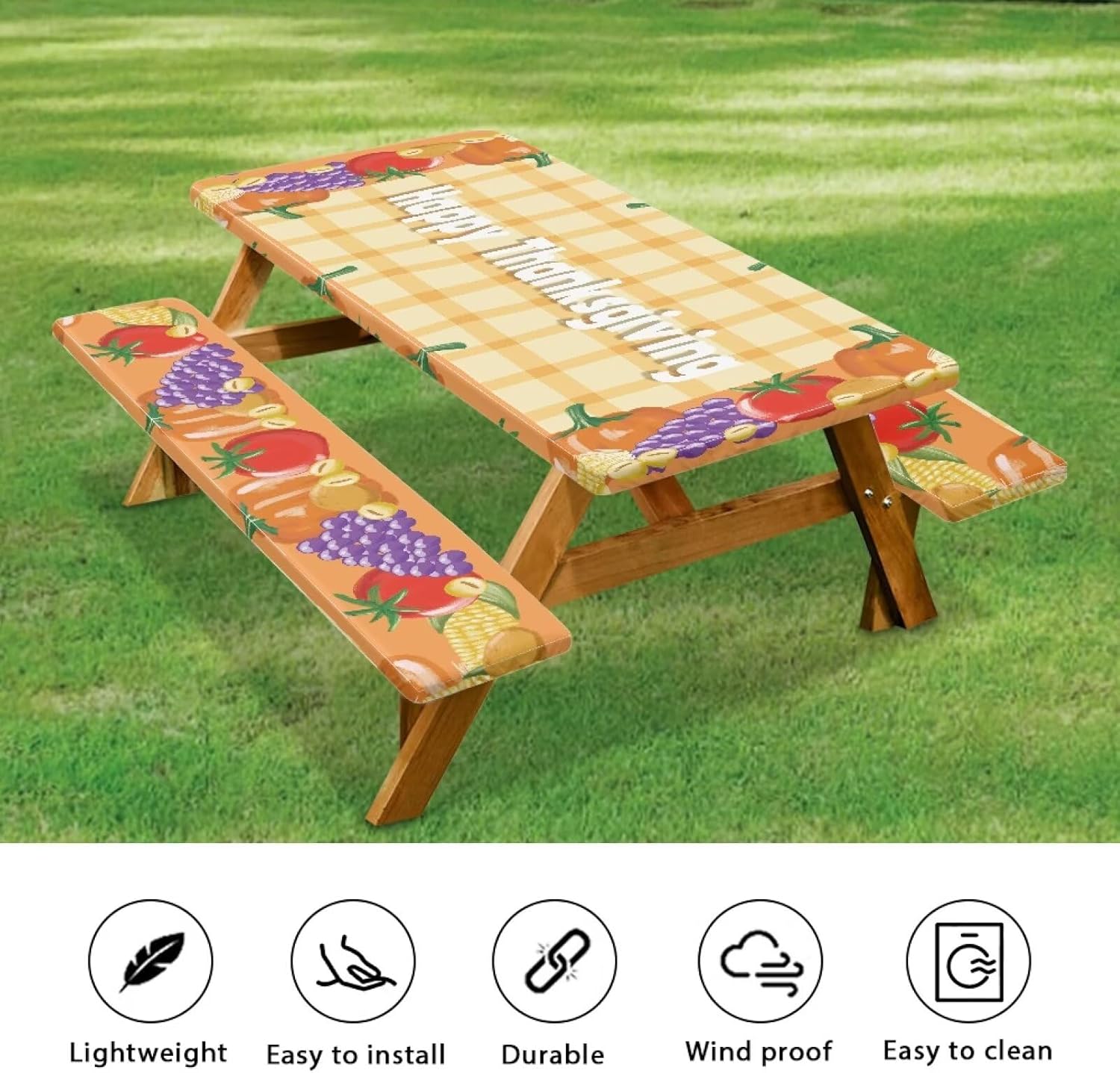 Watercolor-Style Fruits 3 Pcs Picnic Table and Bench Fitted Tablecloth Cover Picnic Table Cover with Elastic Edge Wrinkle Free Waterproof & Oil Proof Happy Thanksgiving 183x76cm