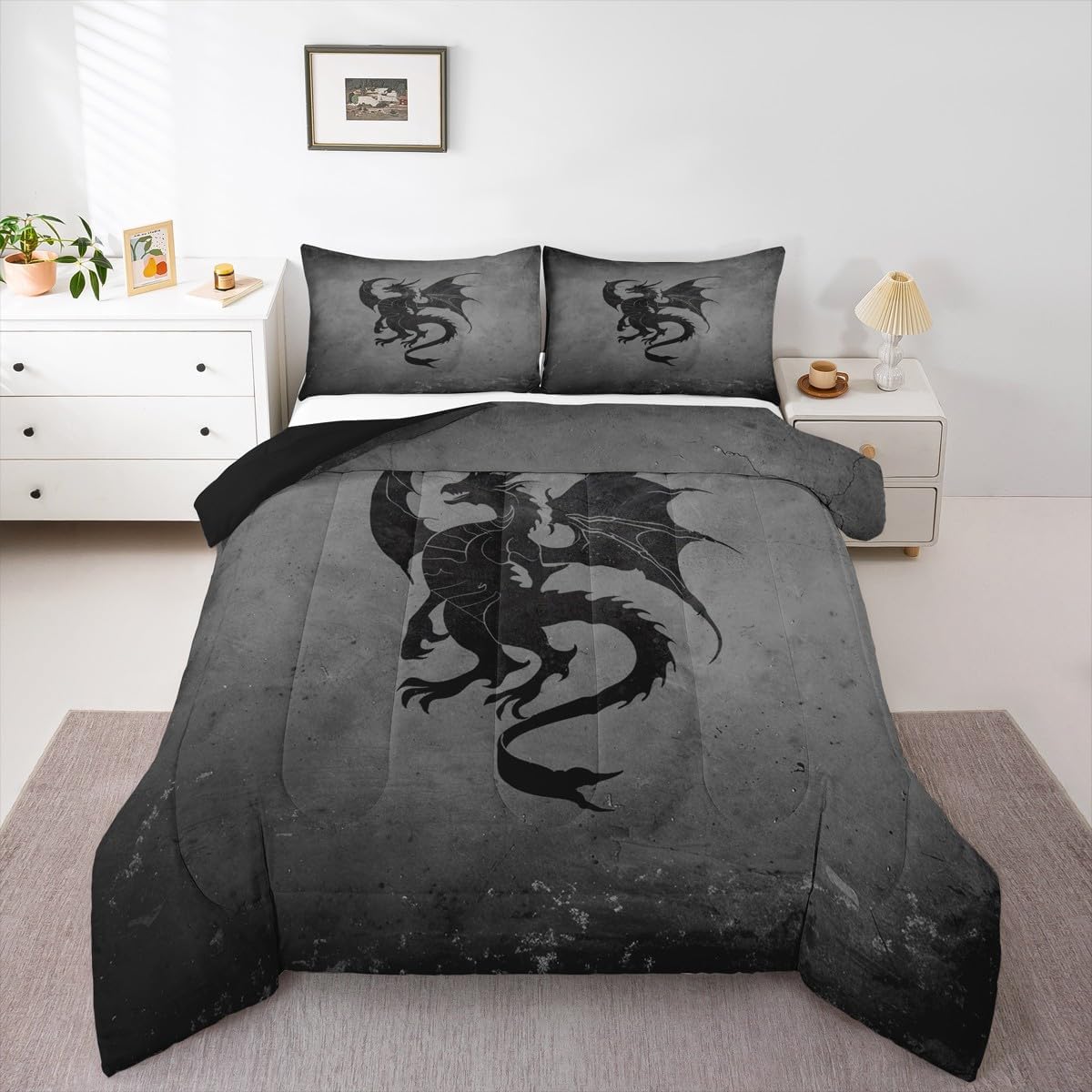 Feelyou Kids Queen Size Red Black Dragon Comforter Set Black Demask Bedding Set Vintage Floral Comforter for Kids Boys Girls Boho Exotic Duvet Insert Adult Bedroom Decor 3Pcs