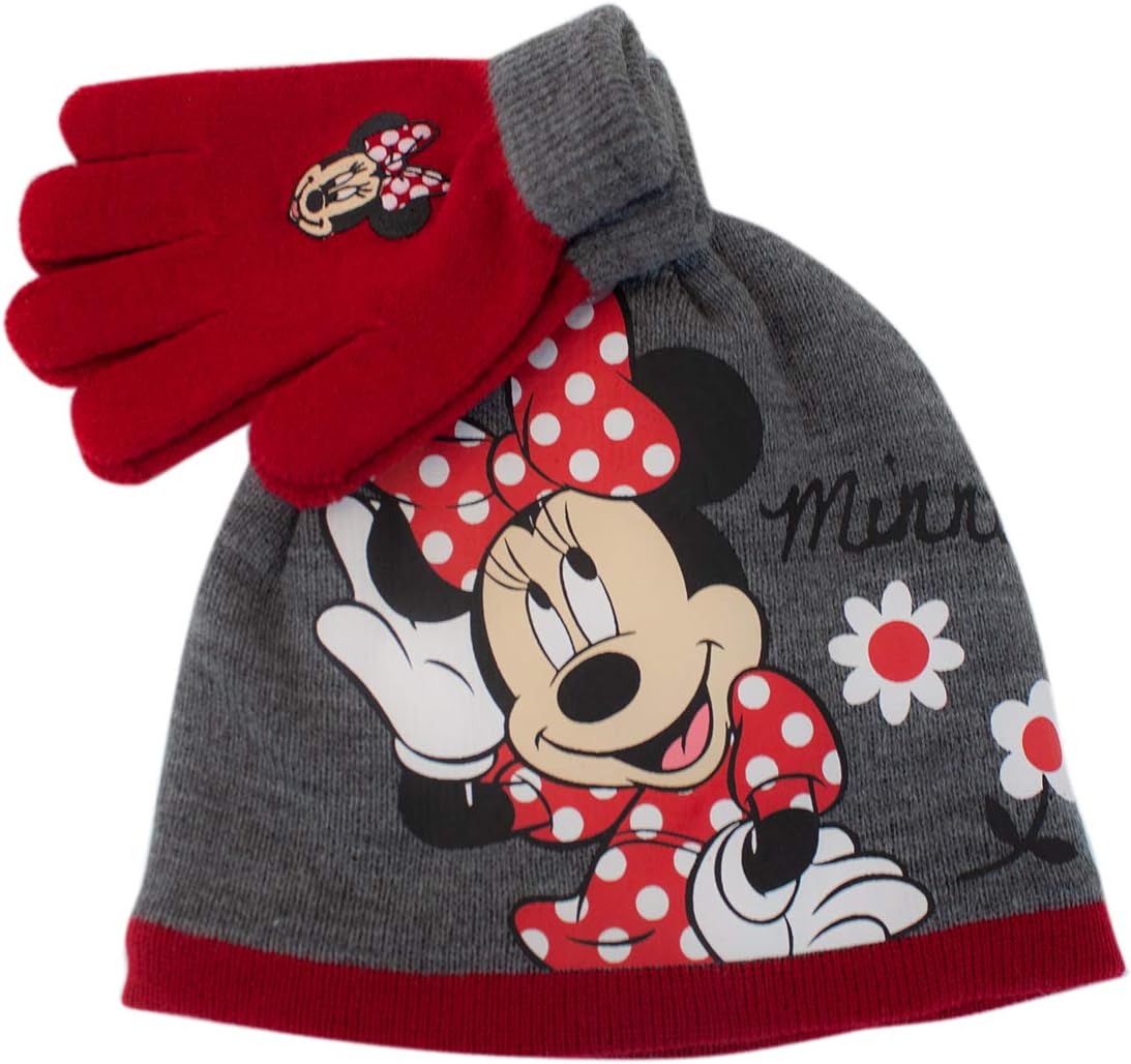 Disney Girls' Little Minnie Knit Winter Beanie and Glove Set, Heather Grey, One Size