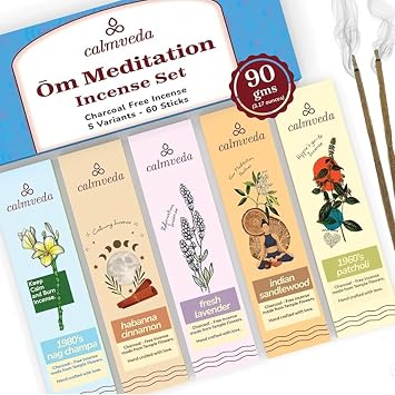 Om Meditation Incense Sticks - 5 Variants, 60 Insenses Charcoal Free Inscents-Sticks | Nag Champa, 60s Patchouli Incense, Lavender Incense, Cinnamon & Sandalwood Incense, Perfect Care Gift