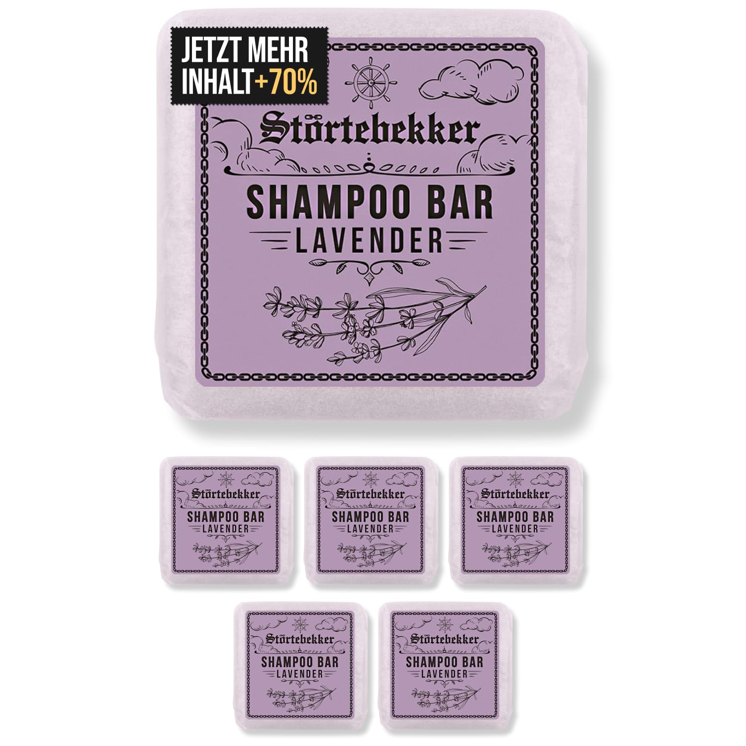 Störtebekker® Premium Shampoo Bar Lavendel (6x) - Festes Shampoo Herren & Damen - 3in1 Duschseife Männer für Haare, Kopfhaut & Bart - Feuchtigkeitsshampoo - vegan, handgefertigt - 6x100g