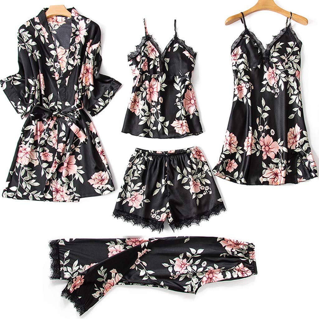 Ensemble sexy pour femme - Sous-vêtements sexy - Lingerie sexy - Pyjama en dentelle - Pantalon de bain - Pyjama court - En satin - Lot de 5 pièces