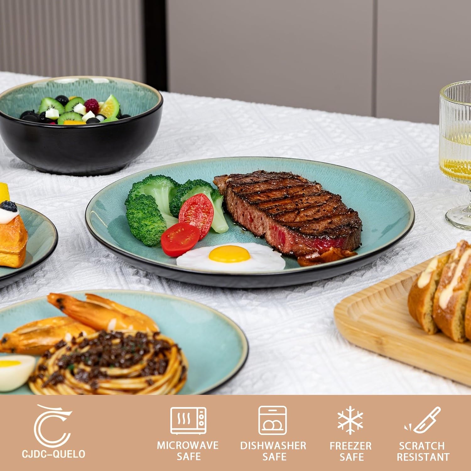 Plates and Bowls Sets for 4 - CJDC-QUELO 16-Piece Stoneware Dinnerware Sets, Ceramic Dishware Set for Kitchen Use and Formal Dining, Chip and Scratch Resistant Microwave Dishwasher Safe, Green - Image 4