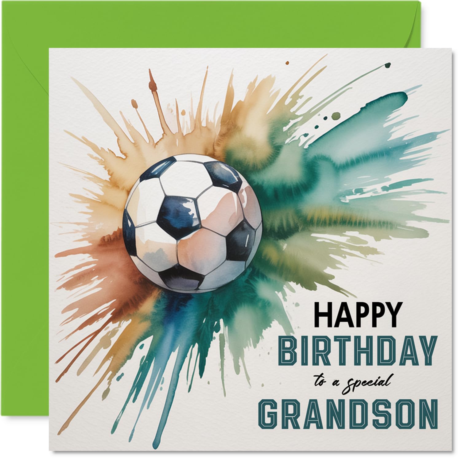 Grandson Birthday Card - Watercolour Football Splash - Happy Birthday Card for Grandson from Grandad Nanny, 145mm sports themed Bday Greeting Cards