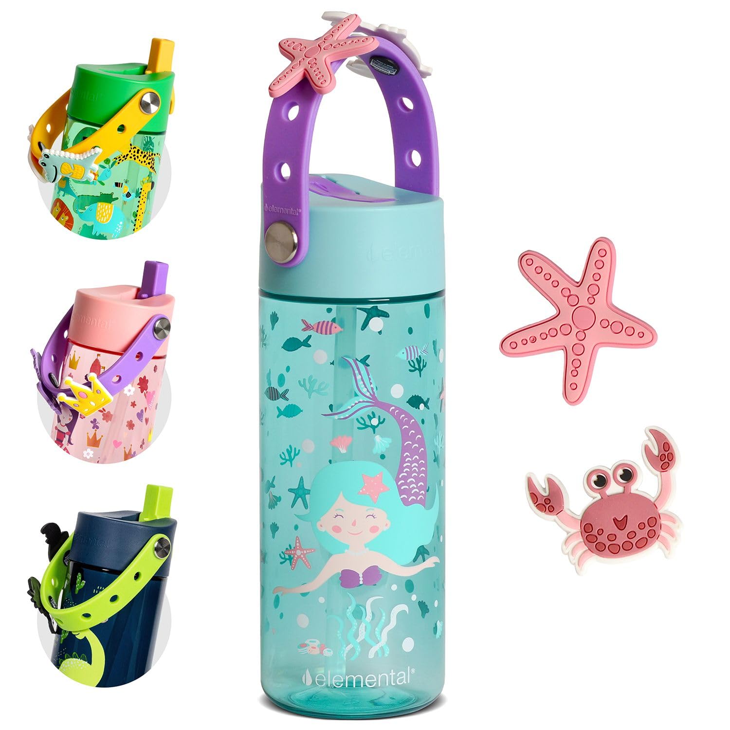 Elemental Water Bottles for Kids - Splash Kids Water Bottle for School with Fun Charm Handle - BPA Free Tritan Plastic Bottle with Straw Leak Proof