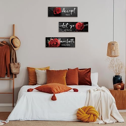 Miniatura 6 de 3 piezas de flores rojas inspiradoras de madera, decoración de pared de rosas rojas, decoración de pared de oficina con citas positivas de aceptar