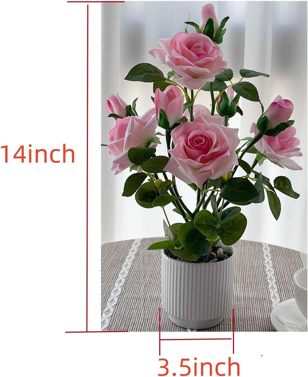 Artificial Rose Plant with Ceramic Vase,Home Decor Potted Floral Arrangement,Silk Roses Artificial Flowers (A:Pink)