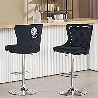 Vista 8 de Juego de 2 taburetes de bar negros y dorados, taburetes de bar de terciopelo con respaldo de ala alta, modernas sillas de bar tapizadas, taburete
