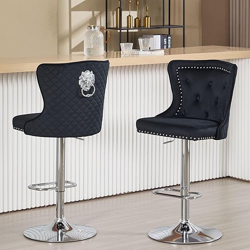 Juego de 2 taburetes de bar de terciopelo copetudos, taburetes de bar giratorios con respaldo de ala alta, modernas sillas de bar tapizadas con