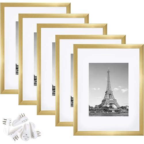 upsimples 9x12 Picture Frame Set of 5, Display Pictures 6x8 with Mat or 9x12 Without Mat, Wall Gallery Photo Frames, Gold