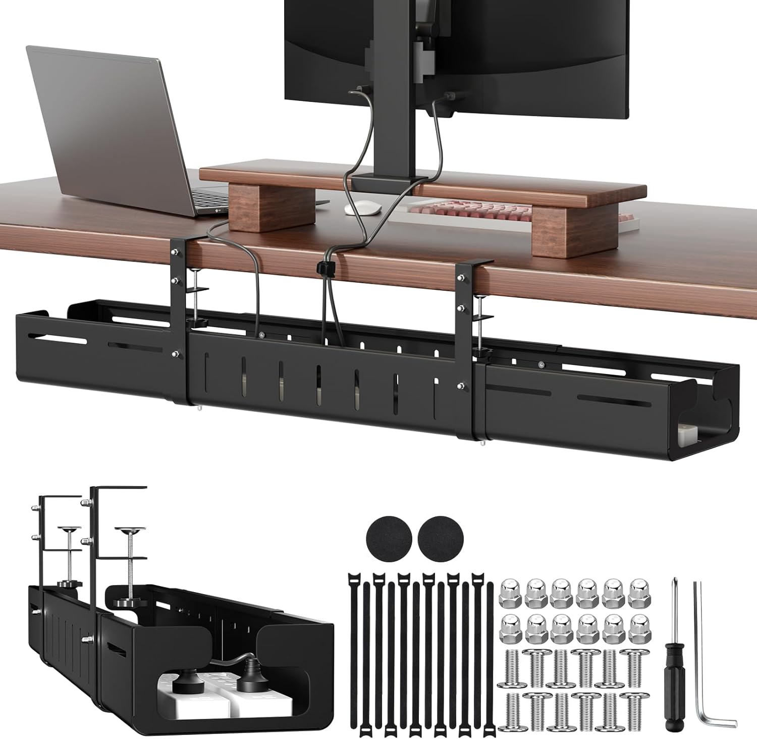 Under Desk Cable Management Tray, Expandable 25.6"–42.5" Heavy Duty Carbon Steel with Clamp, Hidden Cord Organizer for Desk, Home Office & Standing Desk, No Drill Installation, Black