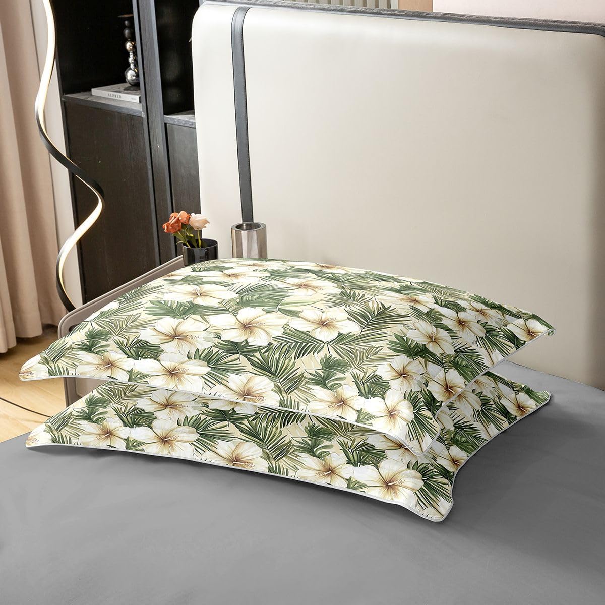 jejeloiu Tropical Leaves Cotton Duvet Cover Set Twin Size Leaf Pattern Comforter Cover for Kids Botanical Floral Flower Women Men Teens Green White Decor