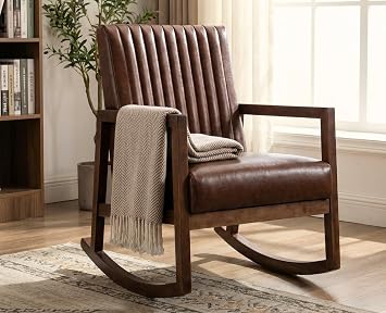 CIMOTA Leather Modern Rocking Chair Mid Century Armchair Upholstered Arm Chair with Padded Seat/Wood Frame, Comfy Rocker for Living Room/Bedroom, Retro Dark Brown PU