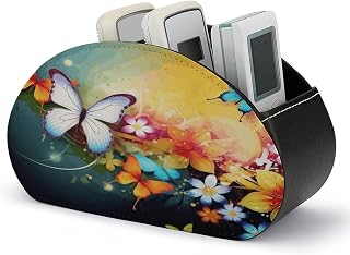 Personalized PU Leather Remote Control Holder with 5 Compartments | Colorful with Butterfly TV Remote Caddy Storage Box, Desktop Organizer for Media Player Glasses Pen Office Supplies