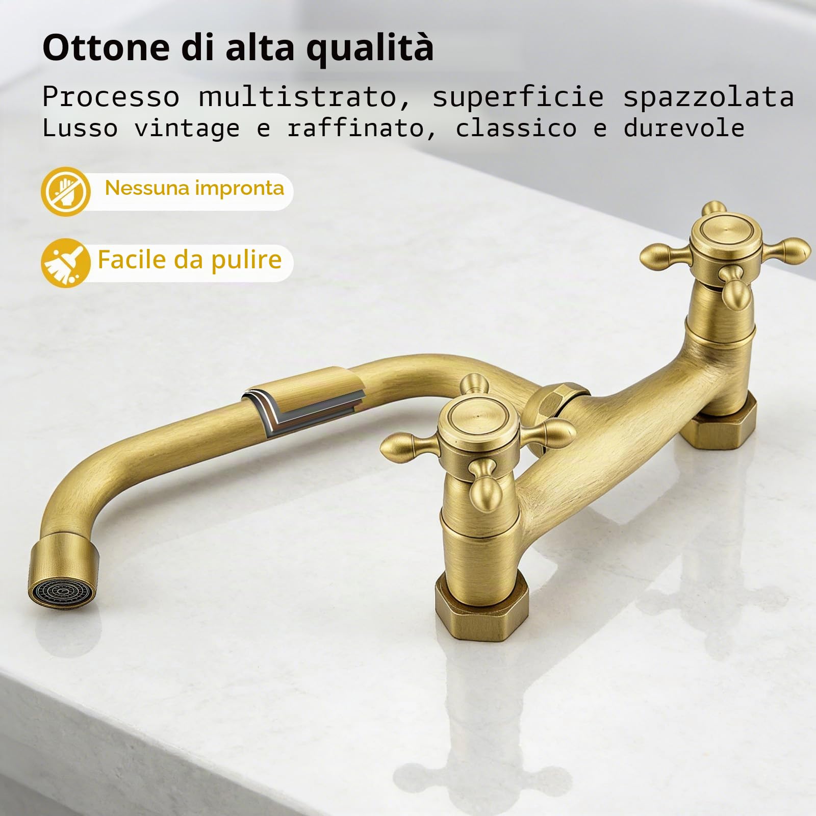 Rubinetto Cucina a Muro in Ottone Antico, Miscelatore Cucina Vintage con Bocca Girevole 360°, Doppia Manopola Acqua Calda e Fredda, Rubinetto Lavello a Parete per Bagno Cucina Lavanderia