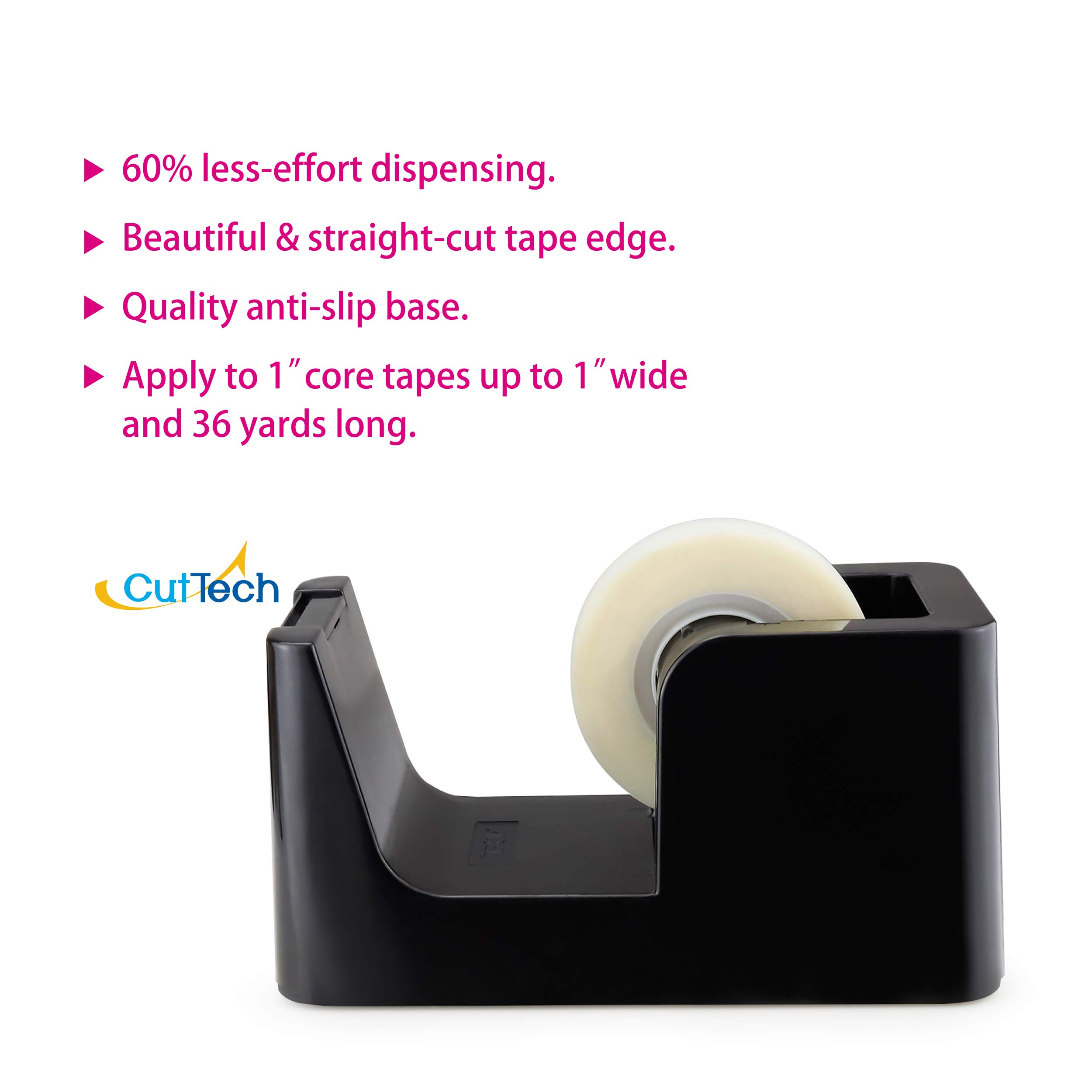ABEL SimpleWork Dispensador de cinta de escritorio, negro, núcleo de 1 pulgada, base pesada antideslizante, cortador de cinta para oficina, hogar, escuela y manualidades