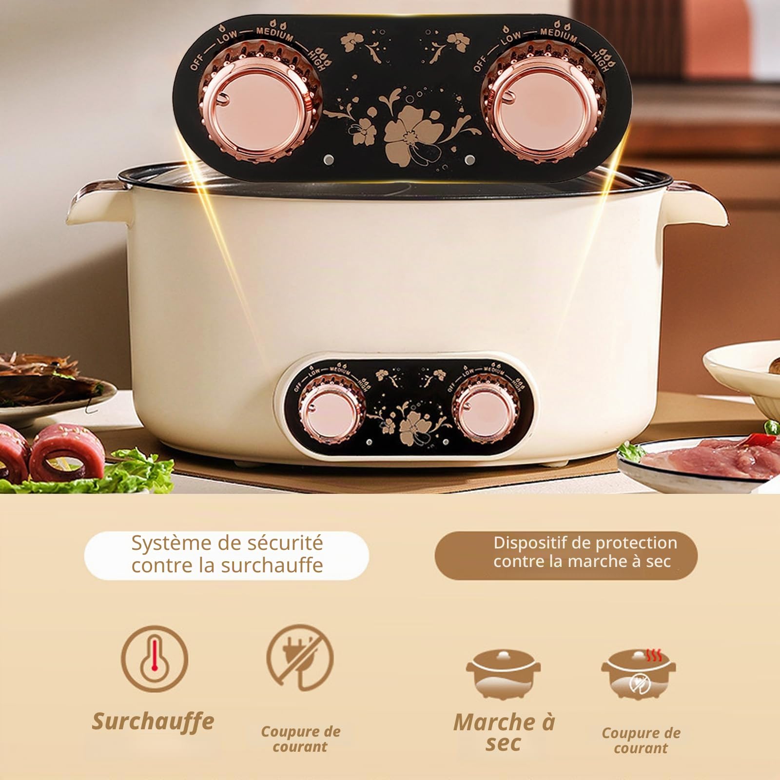 Casserole électrique 5L Kensbro - Chauffage rapide 1350W, Double bouton rotatif, Revêtement antiadhésif, 3 niveaux de température - Idéale pour soupe, steak et nouilles