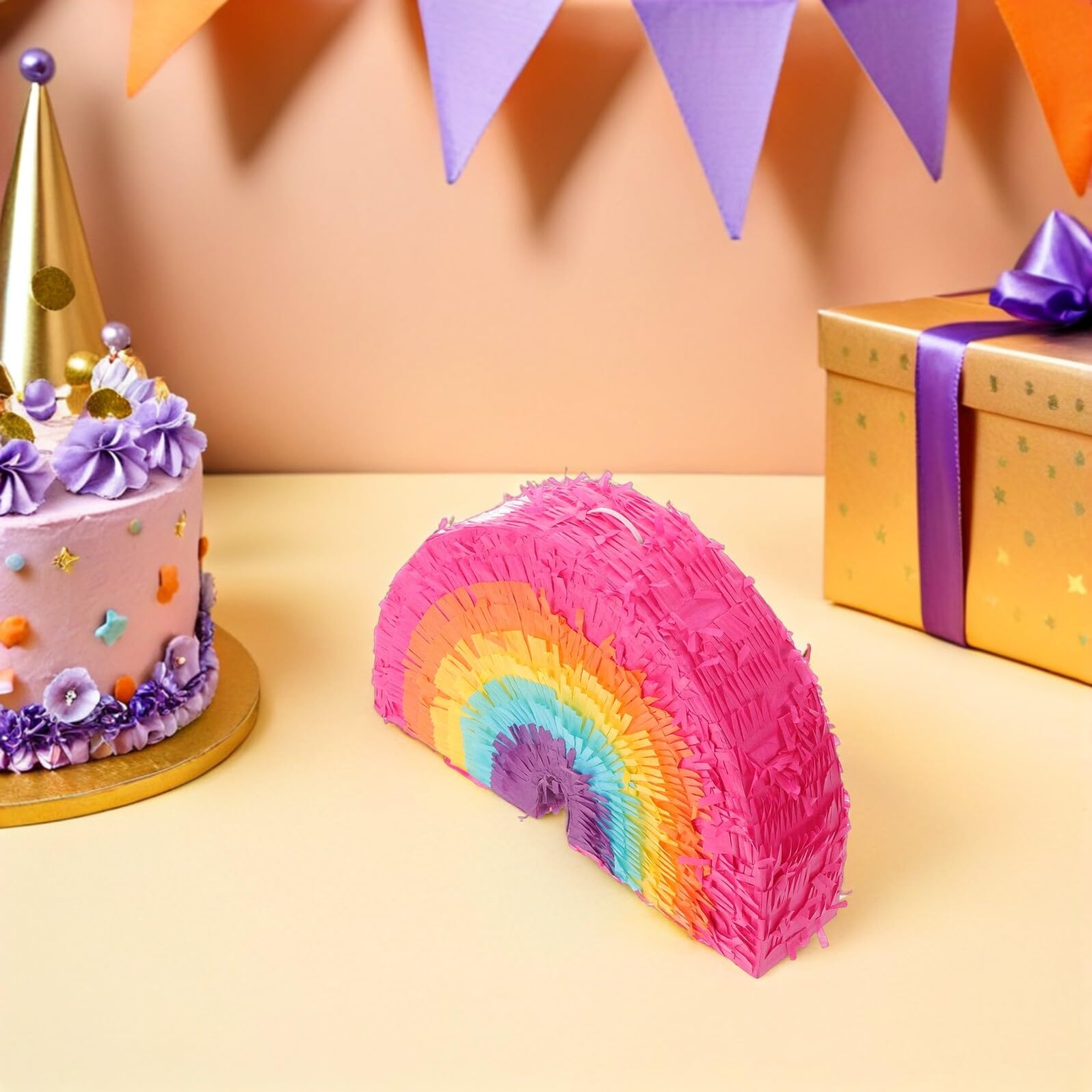 Pinata Arcobaleno a Forma di Torta, Set 1 Pezzo Carta | Bastone e Benda, Capacità 5lbs, per Feste e Carnevale, Stile Boho Dai Colori Vivaci