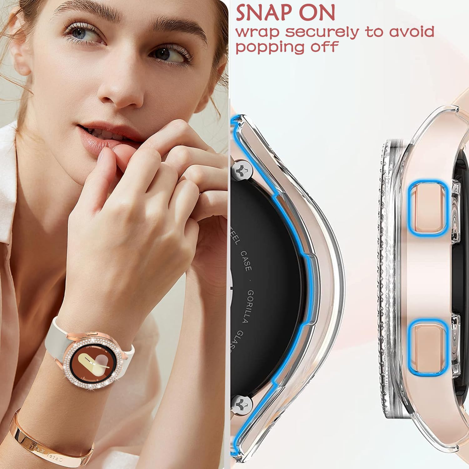 DEALELE [2-PACK] Case Compatible with Samsung Galaxy Watch 5/4 44mm, Bling Single-Row Diamond PC Protective Case Replacement Watch Cover Bumper (44mm, Gold+Transparent) — view 203