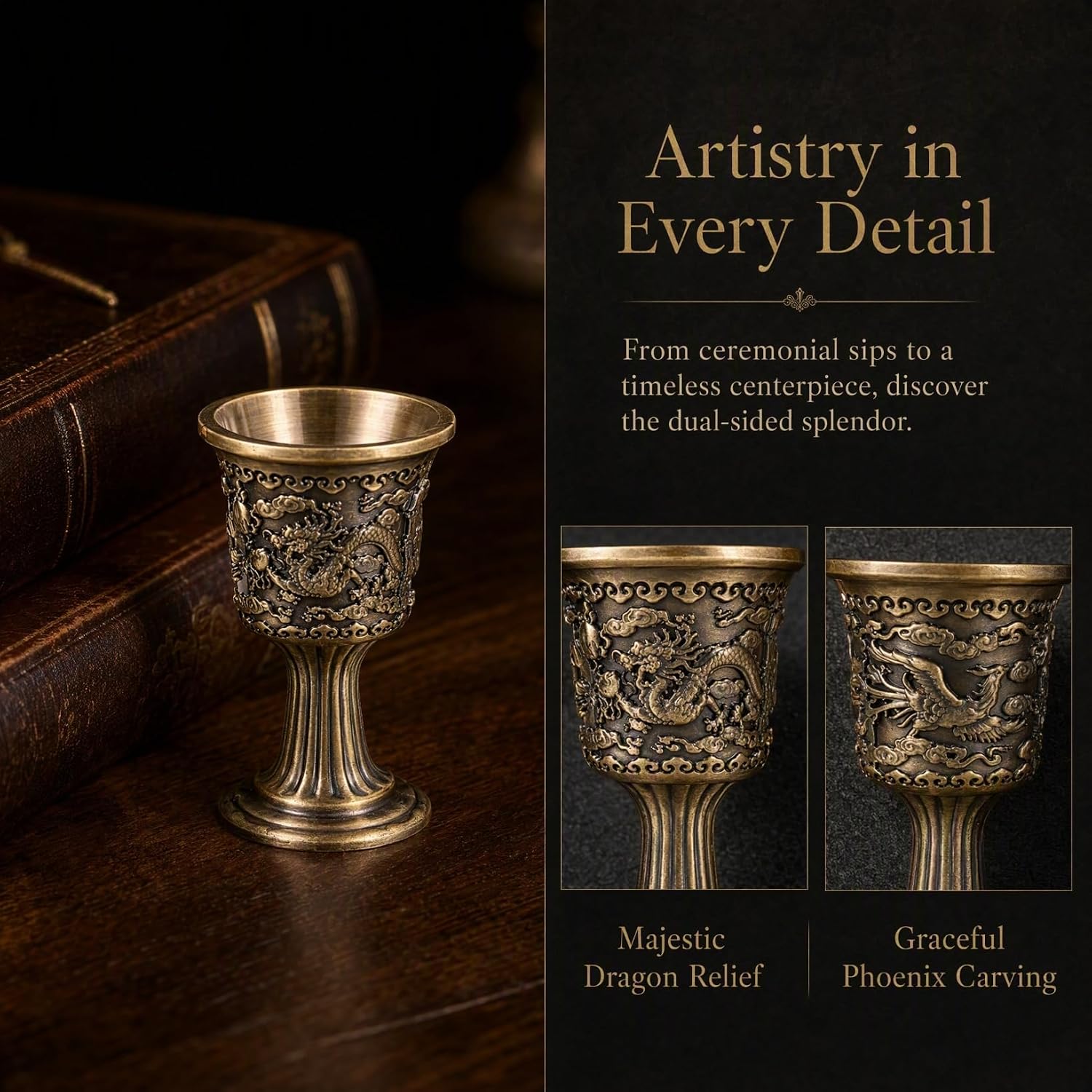 ULTECHNOVO Vintage Bronze Goblet Chalice Chinese Dragon Phoenix Wine Cup