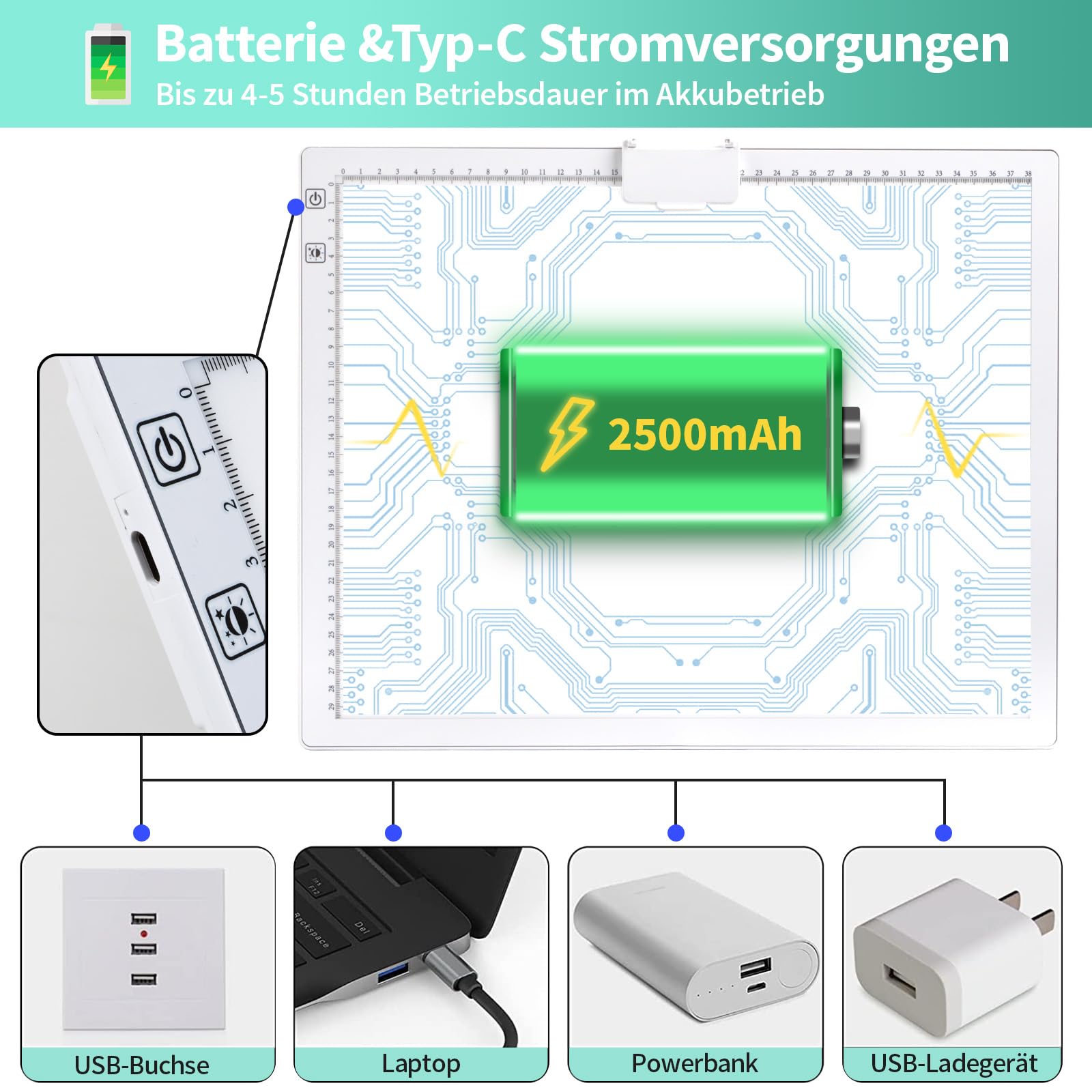 Leuchttisch A3, Tragbares Batteriebetriebene Light Pad, Wiederaufladbare Diamond Painting Leuchttisch mit Ständer, 3 Farben 6 Helligkeitsstufen Leuchtplatte für Abpausen(weiß)