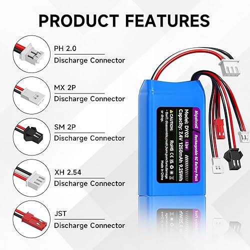 Miniatura 2 de Batería Lipo de 7.4V 2S 25C 1250mAh recargable RC batería JST & PH2.0 & MX2.0 y MJ conector de enchufe con cargador USB para SCX24 CR18P FCX18 FCX24